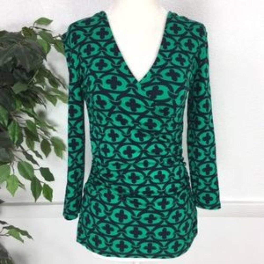 Boden Quarter Sleeve Faux Wrap Jersey Blouse Green & Navy